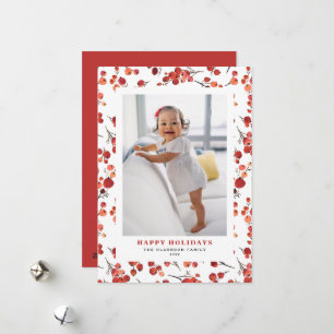 Tarjeta Festiva Foto de Felices Fiestas con Acebo Rojo en Acuarela