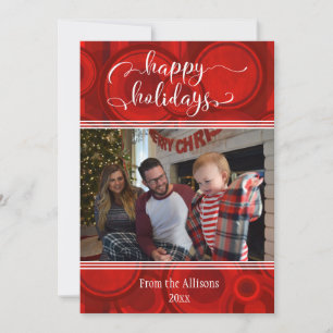 Tarjeta Festiva Foto de Felices Fiestas Rojas con Círculos y Rayas