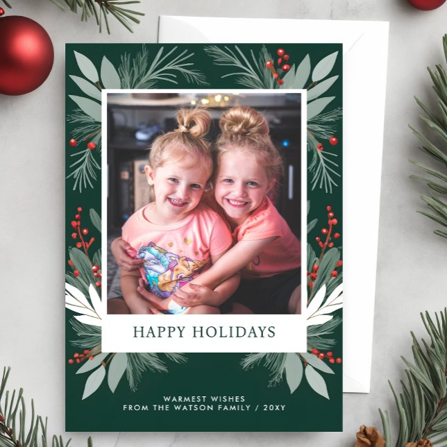 Tarjeta Festiva Foto de Felices Fiestas Vegetación Invernal Verde (Winter Foliage Greenery Happy Holidays Photo Holiday Card)