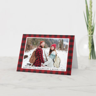 Tarjeta Festiva Foto de Feliz Año Nuevo a Cuadros de Búfalo Rojo