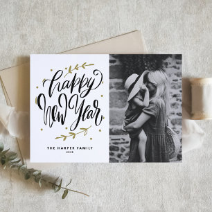 Tarjeta Festiva Foto de Feliz Año Nuevo con Caligrafía Moderna