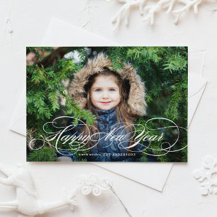 Tarjeta Festiva Foto de Feliz Año Nuevo con Letra Formal Blanca