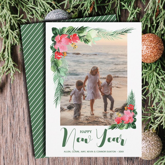 Tarjeta Festiva Foto de Feliz Año Nuevo Floral Tropical (Tropical Floral Happy New Year Photo Holiday Cards - Order INSTANT DOWNLOAD and/or PRINTED or both!)