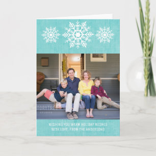 Tarjeta Festiva Foto de feriado de copas de nieve en Aqua Rustic