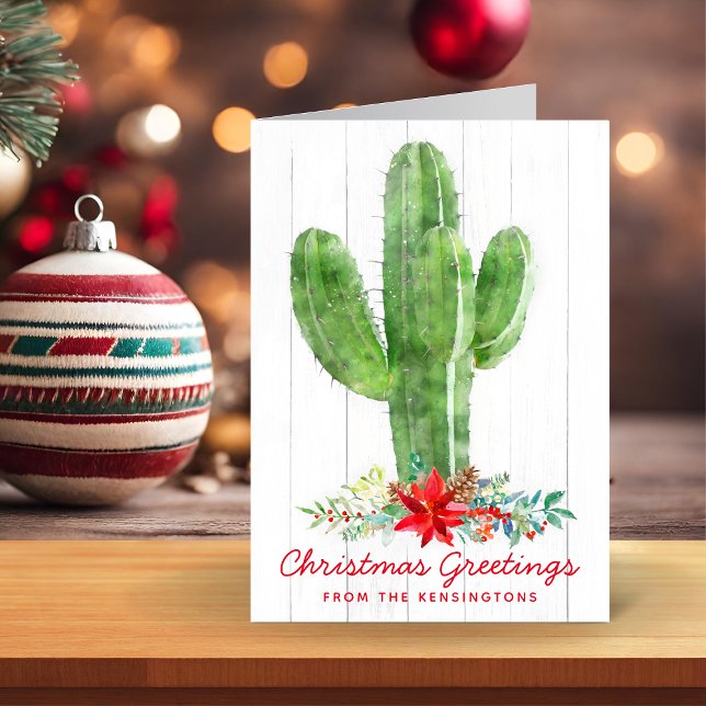Tarjeta Festiva Foto de feriado de Navidades de Cactus de acuarela (Rustic Watercolor Cactus Christmas Holiday Photo Card)