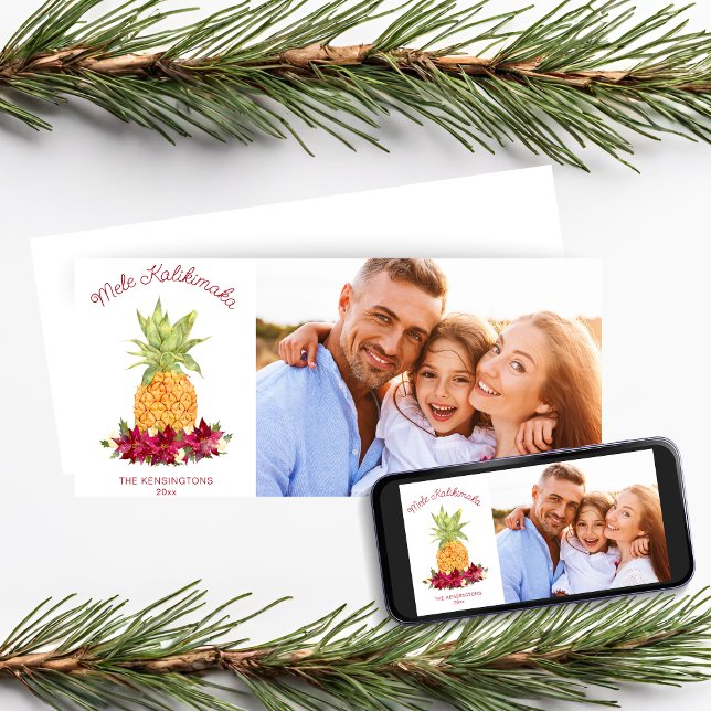 Tarjeta Festiva Foto de feriado de piña floral de Mele Kalikimaka (Mele Kalikimaka Floral Pineapple Holiday Photo Card)