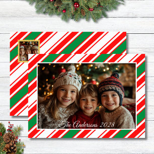 Tarjeta Festiva Foto de festividad en franjas rojas, verdes y blan
