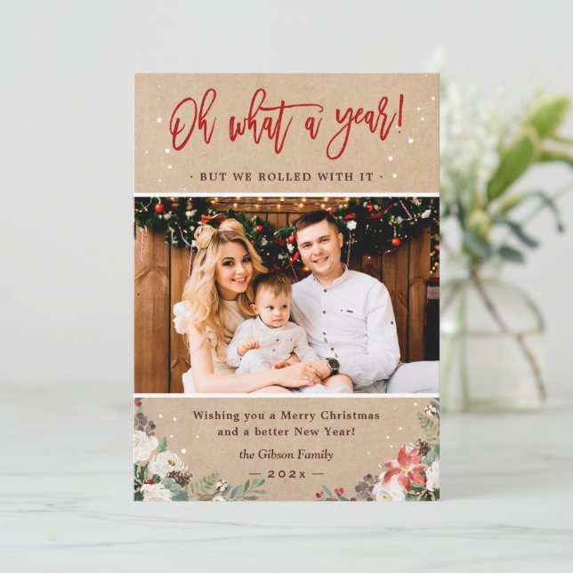 Tarjeta Festiva Foto de Floral Kraft para qué un año Navidades (Anverso de pie)