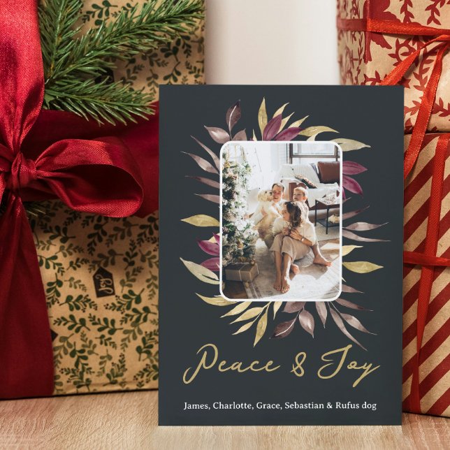 Tarjeta Festiva Foto de follaje de invierno de paz y alegría para  (Christmas Peace and Joy Winter Foliage Photo Holiday Card by Ricaso. Add photograph, make your own)