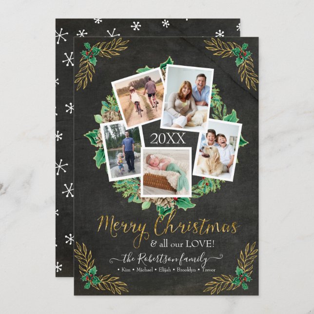 Tarjeta Festiva Foto de granja Navidades de Wreath Gold Chalkboard (Anverso / Reverso)