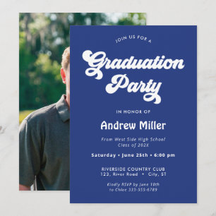 Tarjeta Festiva Foto de Groovy Blue Graduation Party en la espalda