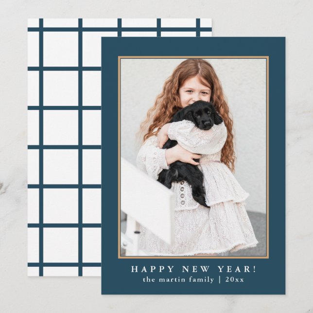 Tarjeta Festiva Foto de guión de Feliz Año Nuevo con cuadro azul c (Anverso / Reverso)