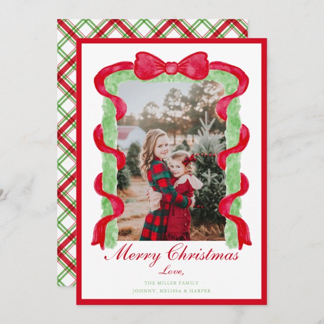 Tarjeta Festiva Foto de guirnalda de lazo rojo preppy Grandmillenn (Anverso / Reverso)