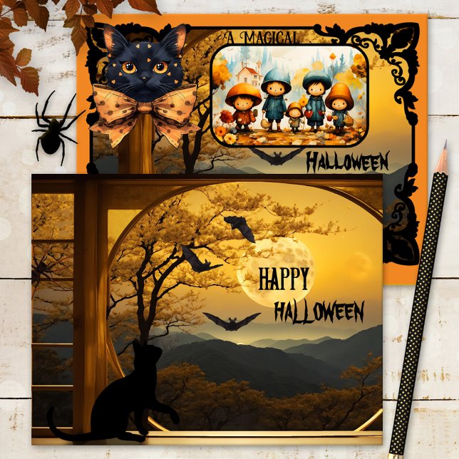 Tarjeta Festiva Foto de Halloween con felino negro lindo (Halloween photo card featuring a cute black kitty having a blast with the bats at full moon)