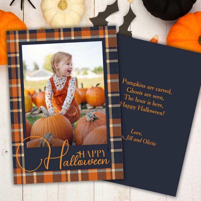 Tarjeta Festiva Foto De Halloween De Blue Y Naranja Plaid (Blue And Orange Plaid Happy Halloween Photo Holiday Card)