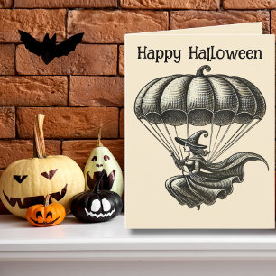 Tarjeta Festiva Foto de Halloween de Bruja Vintage y Paracaídas de