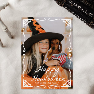 Tarjeta Festiva Foto de Halloween de perro con telaraña caprichosa