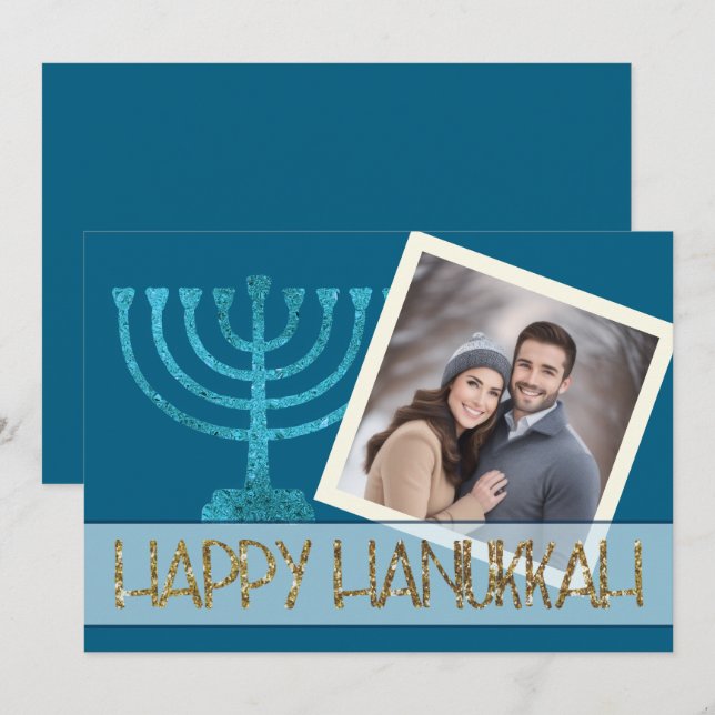 Tarjeta Festiva Foto de Hanukkah Blue White Gold Menorah Purpurina (Anverso / Reverso)