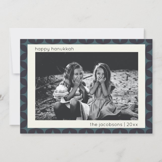 Tarjeta Festiva Foto de Hanukkah Frontera Azul Geométrica Moderna (Anverso)