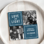 Tarjeta Festiva Foto de Hanukkah moderna de amor y luz<br><div class="desc">Muestra tus fotos cuadradas en esta simple y moderna tarjeta de fotos de Hanukkah. El diseño presenta una disposición de cuatro cuadrados con un fondo azul y "Amor y luz" con letras blancas modernas. Utilice los dos campos de texto de personalizable para agregar un saludo de personalizado y el nombre...</div>