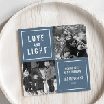 Tarjeta Festiva Foto de Hanukkah moderna de amor y luz<br><div class="desc">Muestra tus fotos cuadradas en esta simple y moderna tarjeta de fotos de Hanukkah. El diseño presenta una disposición de cuatro cuadrados con un fondo azul y "Amor y luz" con letras blancas modernas. Utilice los dos campos de texto de personalizable para agregar un saludo de personalizado y el nombre...</div>