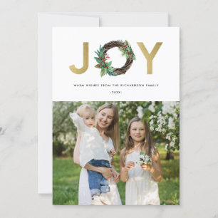TARJETA FESTIVA FOTO DE HOLLY BERRY GOLD GREEN JOY WREATH NAVIDADE