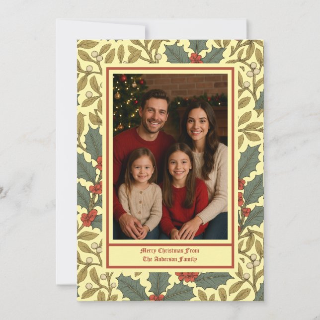 Tarjeta Festiva Foto de Holly y muérdago inspirada en William Morr (Anverso)