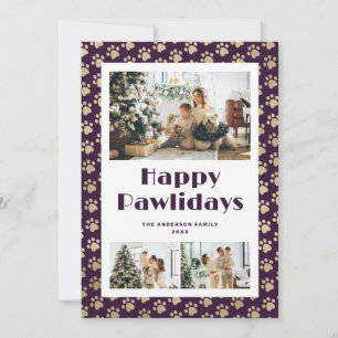 Tarjeta Festiva Foto de Huellas de Pata de Oro Púrpura Felices Paw