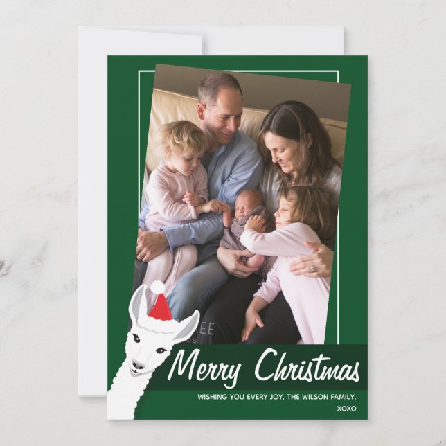 Tarjeta Festiva Foto de inclinación blanca verde de Santa Hat Llam (Anverso)