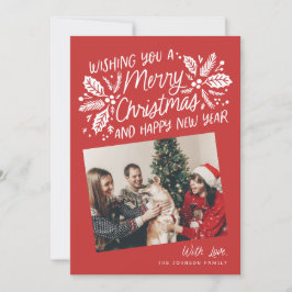 Tarjeta Festiva Foto de instantánea inclinada de Red Vintage Holly