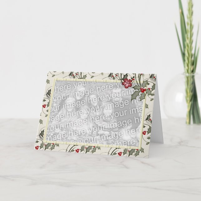 Tarjeta Festiva Foto de KRW Country Holly and Ivory Stripes (Anverso)