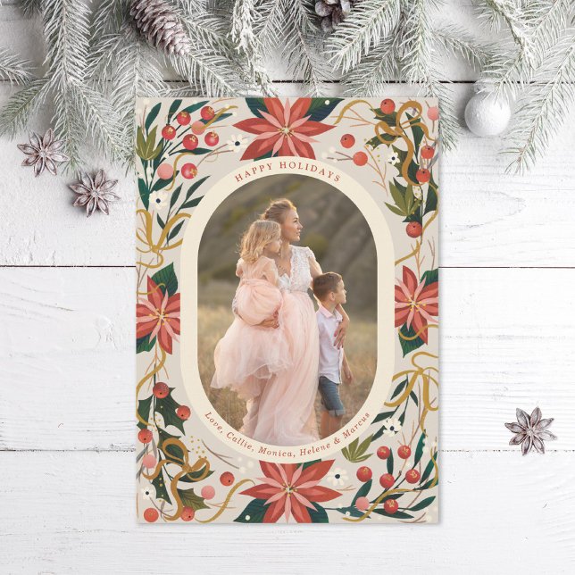 Tarjeta Festiva Foto de la cinta de oro de Poinsettias ilustrada (Subido por el creador)