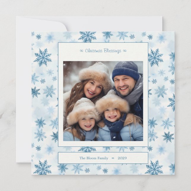Tarjeta Festiva Foto de la familia acuarela Blue Snowflake Square (Anverso)