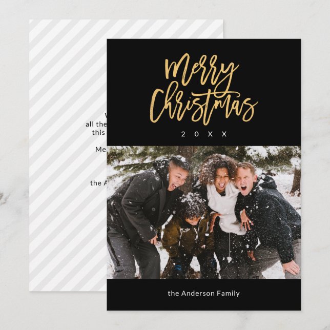 Tarjeta Festiva Foto de la familia Black and Gold Merry Christmas (Anverso / Reverso)