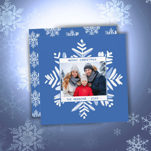 Tarjeta Festiva Foto de la familia Blue Snowflake Merry Christmas