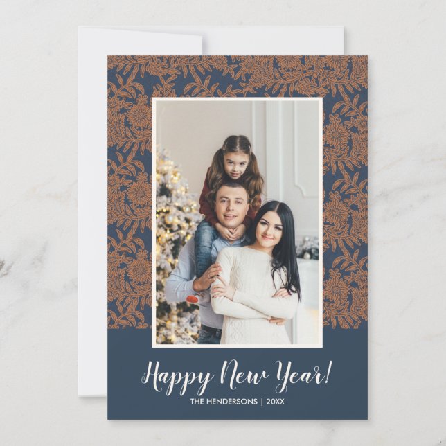Tarjeta Festiva Foto de la familia de Año Nuevo Feliz Botánico Mod (Anverso)