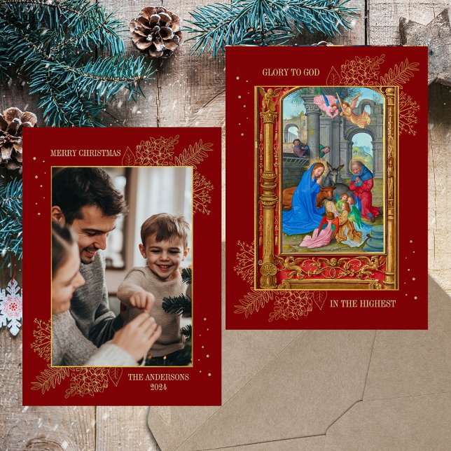 Tarjeta Festiva Foto de la familia de la Natividad Católica Cristi (Nativity Scene Medieval Religious Christian Catholic Red  Gold Elegant Photo Christmas Card)