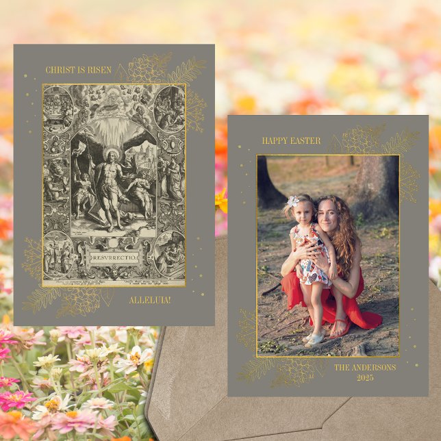 Tarjeta Festiva Foto de la familia de la resurrección de Jesús de  (Grey Gold Religious Christian Catholic Jesus Christ Resurrection Family Photo Easter Holiday Card)