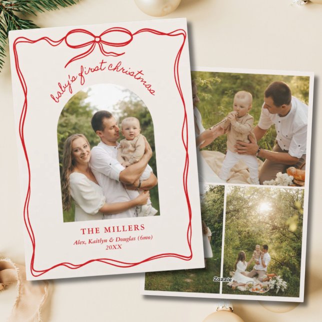 Tarjeta Festiva Foto de la familia de los primeros Navidades de be (Vintage Red Bow Baby's 1st Christmas Family Photo Holiday Card
)