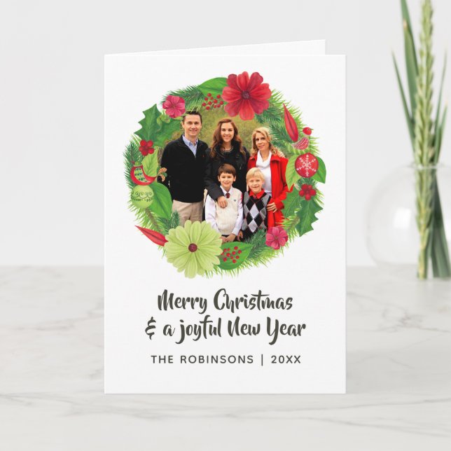 Tarjeta Festiva Foto de la familia de Navidades florales en acuare (Anverso)