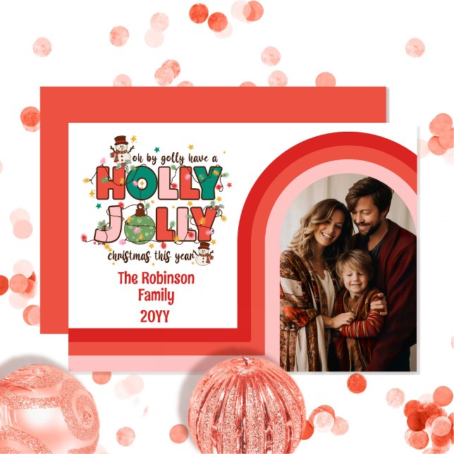 Tarjeta Festiva Foto de la familia de Navidades Retro Arch Holly J (Retro Arched Photo "Holly Jolly" Christmas Family Holiday Card in Pink and Red)