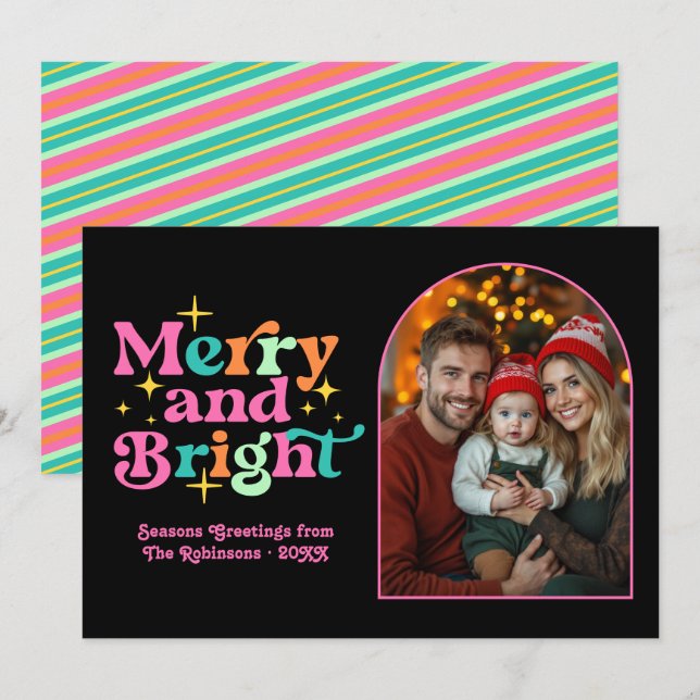 Tarjeta Festiva Foto de la familia de Navidades Retro de Candy Pop (Anverso / Reverso)