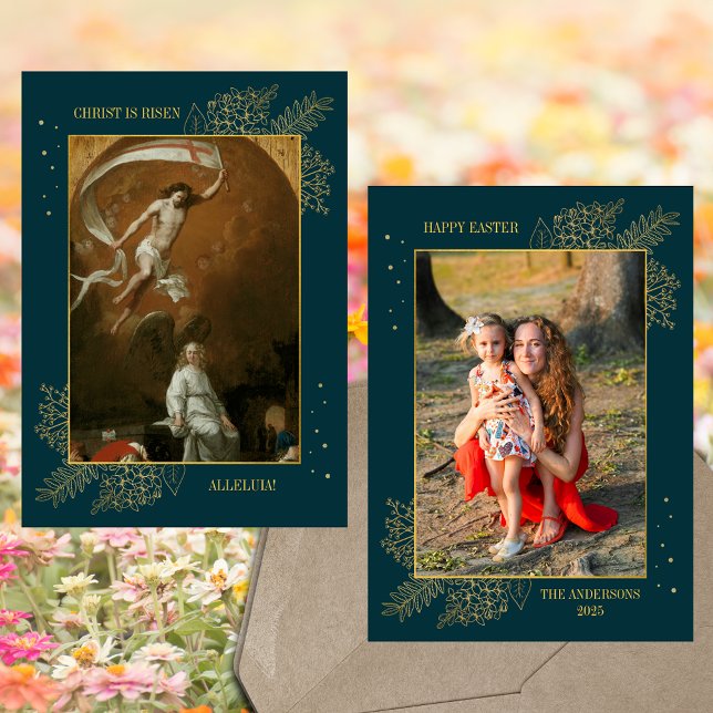 Tarjeta Festiva Foto de la familia de Pascua Cristiana Jesús Resur (Religious Christian Catholic Jesus Christ is Risen Resurrection Easter Family Photo Holiday Card)