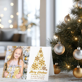 Tarjeta Festiva Foto de la familia Gold Snowflakes Christmas Tree