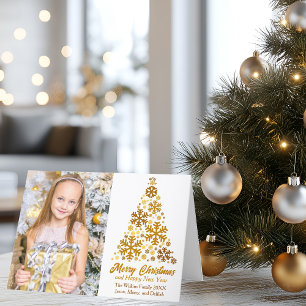 Tarjeta Festiva Foto de la familia Gold Snowflakes Christmas Tree 