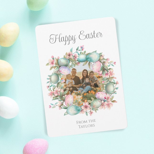 Tarjeta Festiva Foto de la familia Pastel Eggs Wreath Happy Easter (pastel easter wreath photo frame)