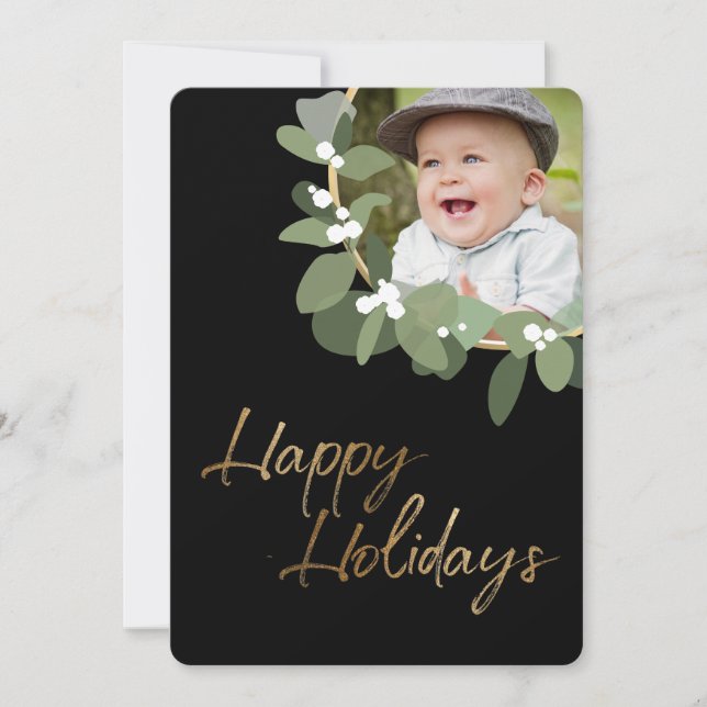 Tarjeta Festiva Foto de la familia personalizado Modern Wreath Hap (Anverso)