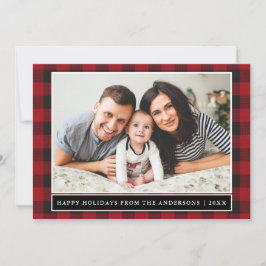 Tarjeta Festiva Foto de la familia Red Plaid Happy Holidays