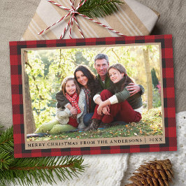 Tarjeta Festiva Foto de la familia Red Plaid Merry Christmas Kraft