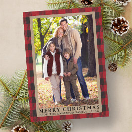 Tarjeta Festiva Foto de la familia Red Plaid Merry Christmas Kraft